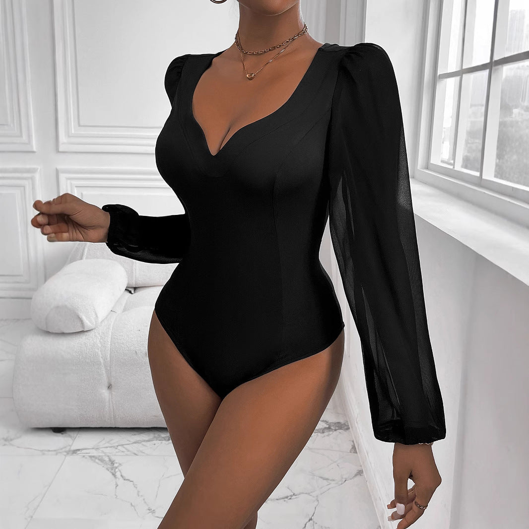 Damen Body mit tiefem V-Ausschnitt und transparenten Puffärmeln W&W Mode
