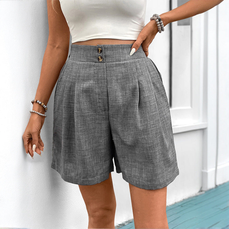 Damen elegante Baumwoll-Shorts mit hohem Bund und Falten W&W Mode