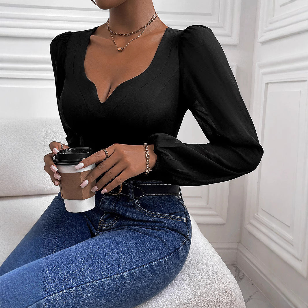 Damen Body mit tiefem V-Ausschnitt und transparenten Puffärmeln W&W Mode