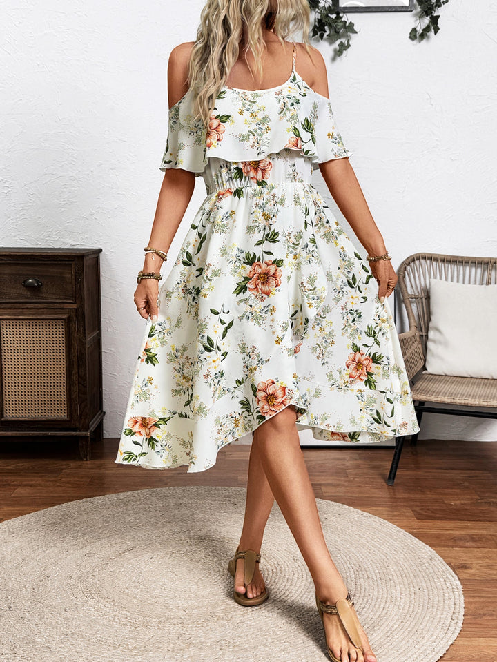 Damen Blume Dekolleté Kleid mit schwingendem Saum und lockerem Schnitt W&W Mode