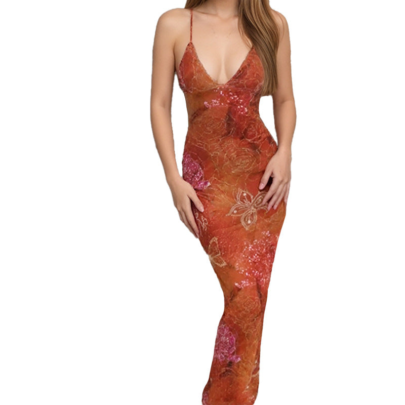 Damen Maxikleid mit tiefem V-Ausschnitt und raffinierten Spaghettiträgern W&W Mode