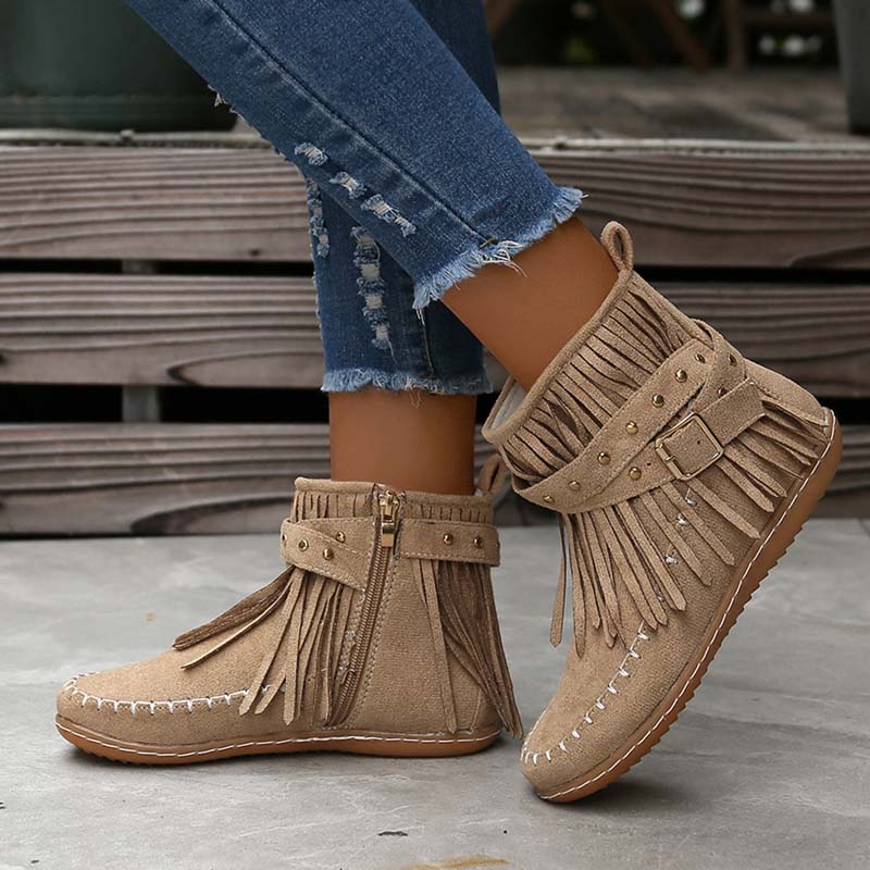 Drune | Boho Stiefelette Mit Fransen Und Schnallen Für Damen