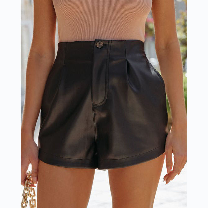 Damen High-Waist Shorts aus weichem Kunstleder mit Bundfalten Drune