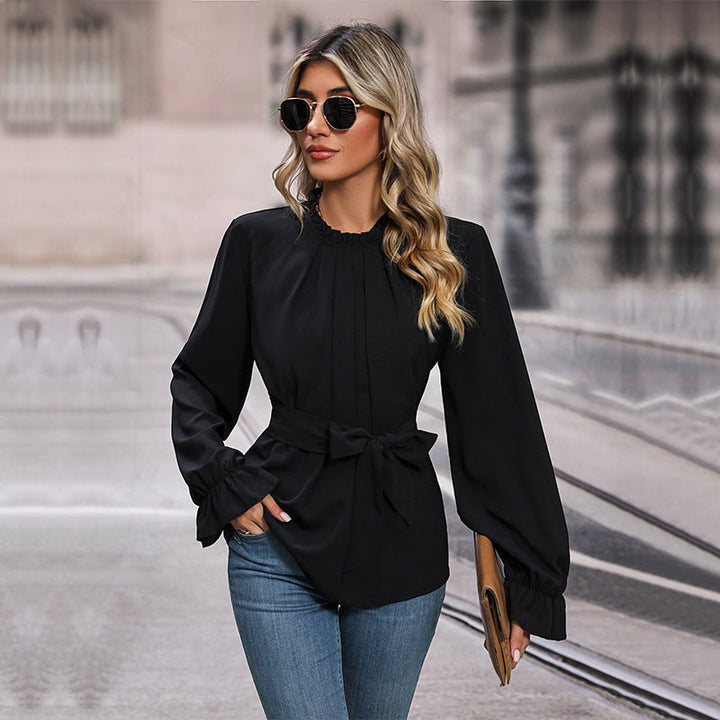 Damen Bluse mit dekorativem Wickelgürtel und voluminösen Ärmeln W&W Mode