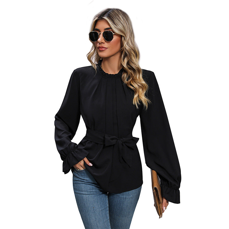 Damen Bluse mit dekorativem Wickelgürtel und voluminösen Ärmeln W&W Mode