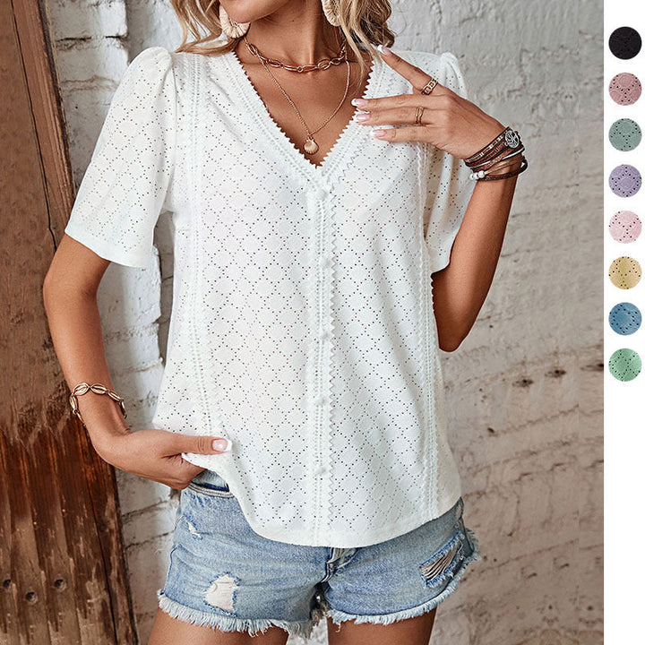 Damen Bluse mit eleganten Puffärmeln und feinem Lochmuster W&W Mode