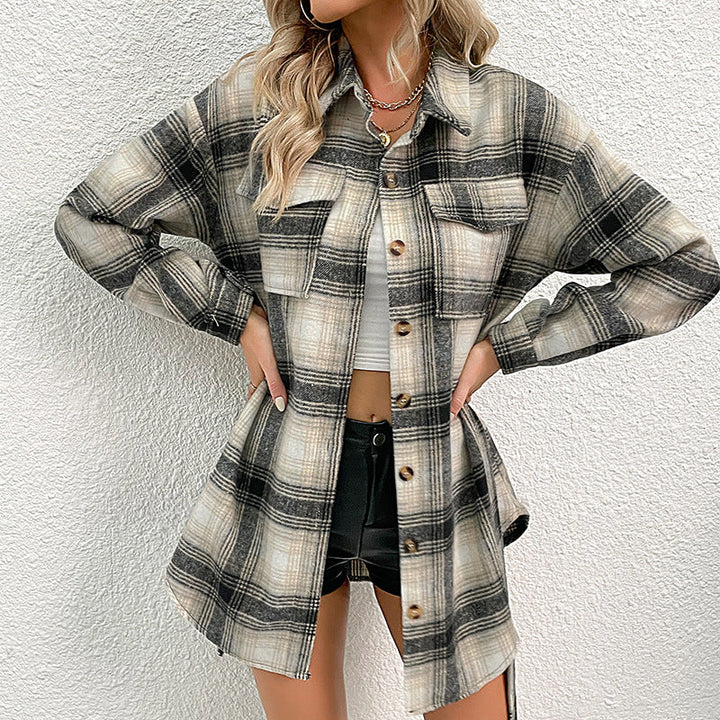 Damen lässige Overshirt-Jacke im Karo-Design mit knöpfbarer Front W&W Mode