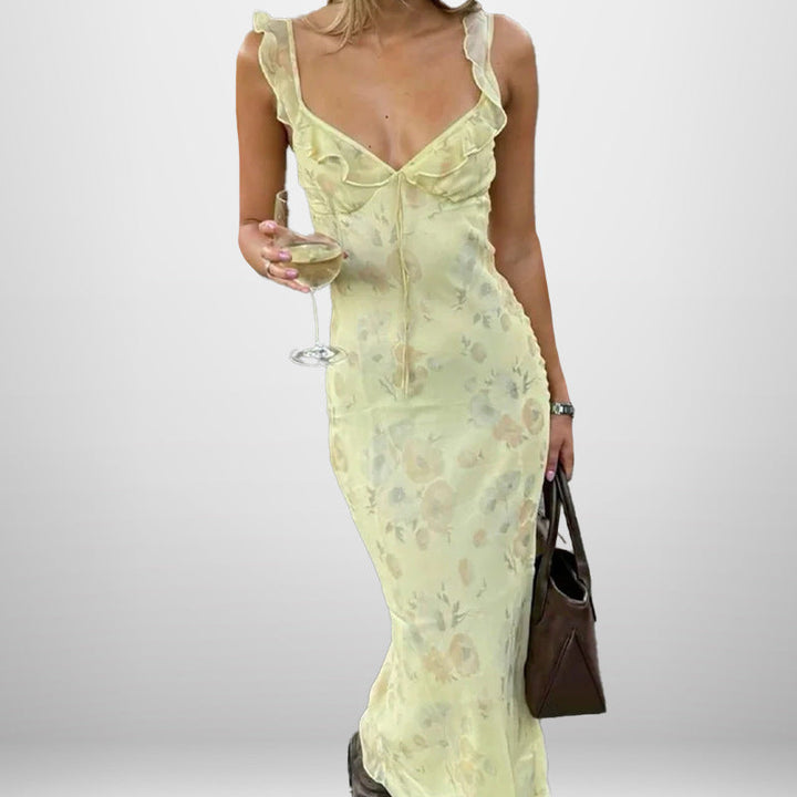 Damen Maxikleid mit zartem Blumenmuster und femininem Rüschendesign W&W Mode