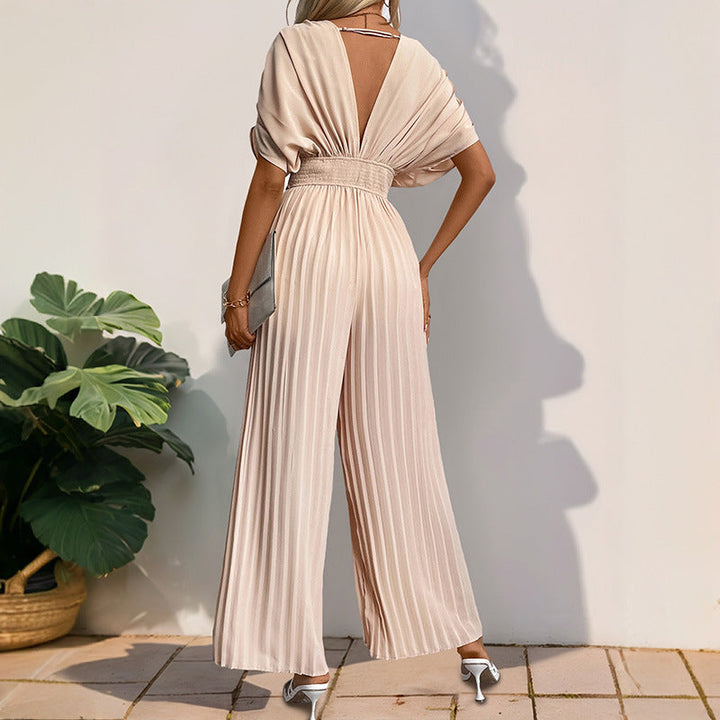 Damen Eleganter Jumpsuit mit tiefem V-Ausschnitt und voluminösen Ärmeln W&W Mode