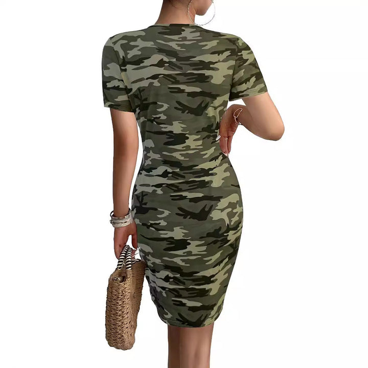 Damen figurbetontes camouflagemuster Kleid mit Kurzarm und V-Ausschnitt W&W Mode