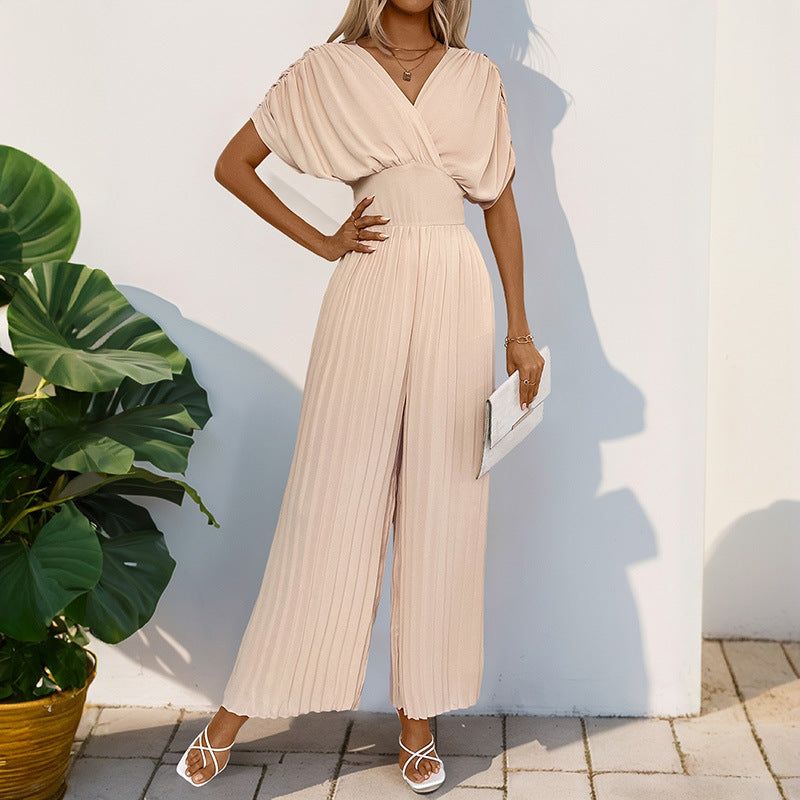 Damen Eleganter Jumpsuit mit tiefem V-Ausschnitt und voluminösen Ärmeln W&W Mode