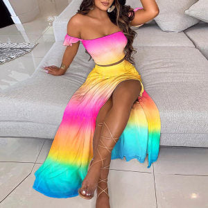 Damen Maxikleid mit schulterfreiem Design und buntem Farbverlauf W&W Mode