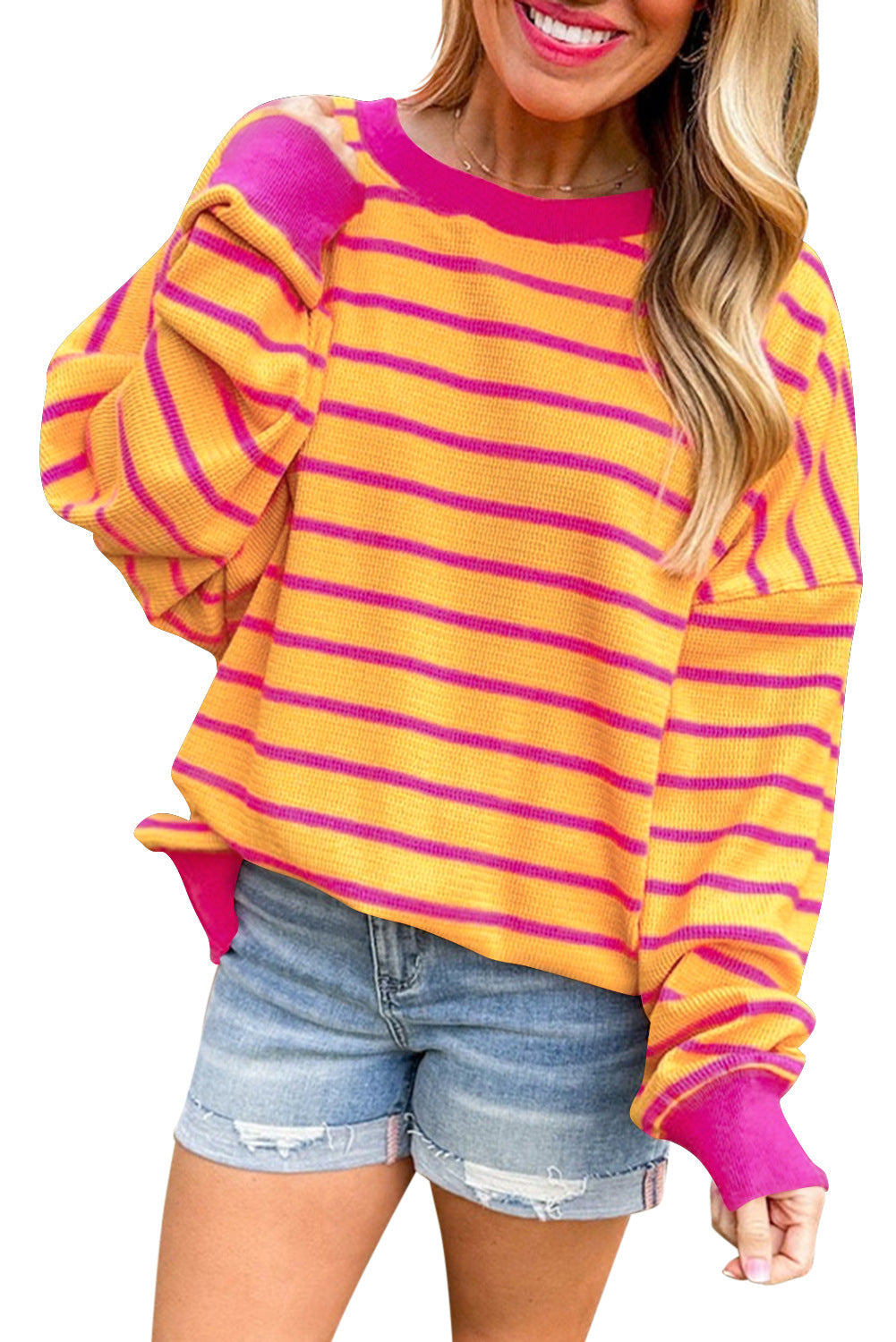 Damen lässiger und bequemer Pullover mit strukturiertem Rippenmuster und weitem Schnitt W&W Mode