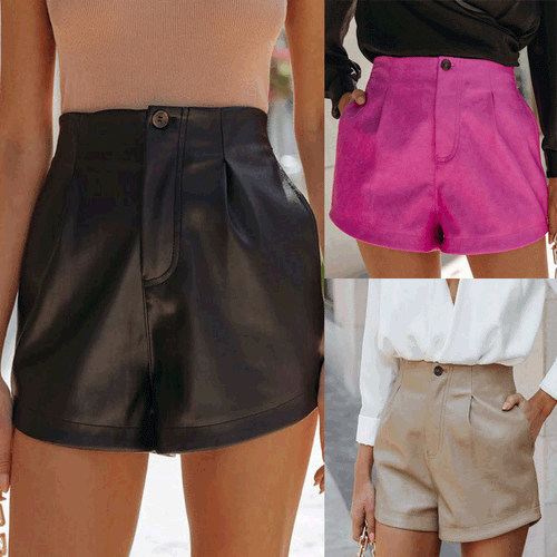 Damen High-Waist Shorts aus weichem Kunstleder mit Bundfalten Drune