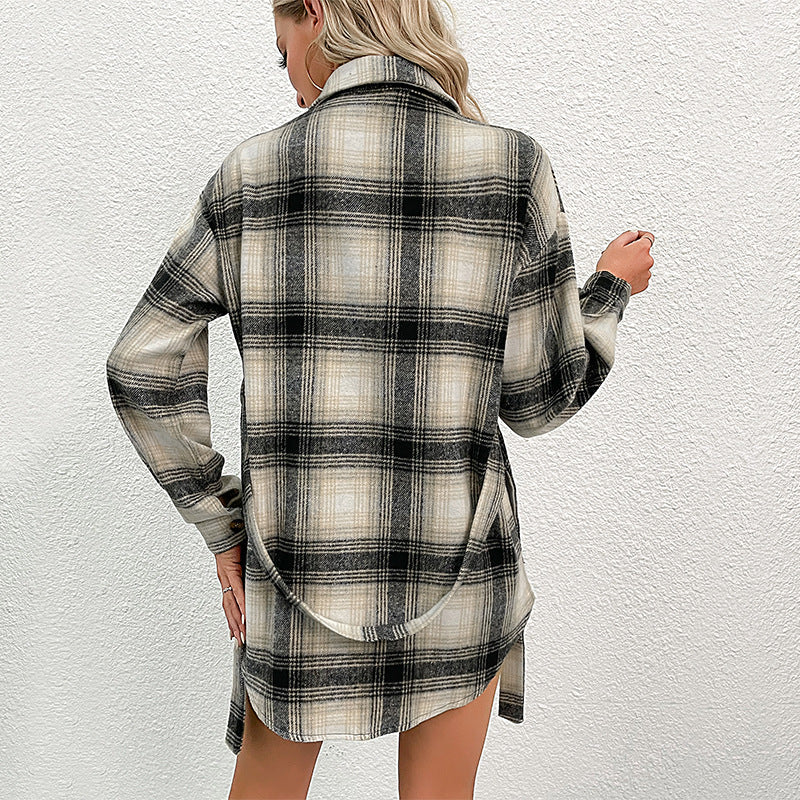 Damen lässige Overshirt-Jacke im Karo-Design mit knöpfbarer Front W&W Mode