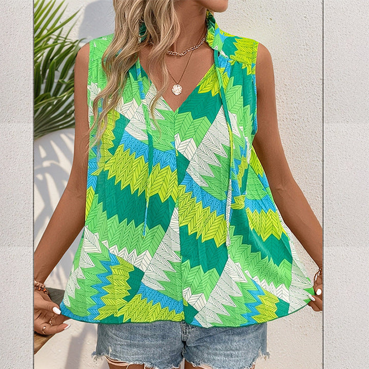 Damen ärmelloses Blusenshirt mit modernem Knotendesign und lebhaftem Muster W&W Mode