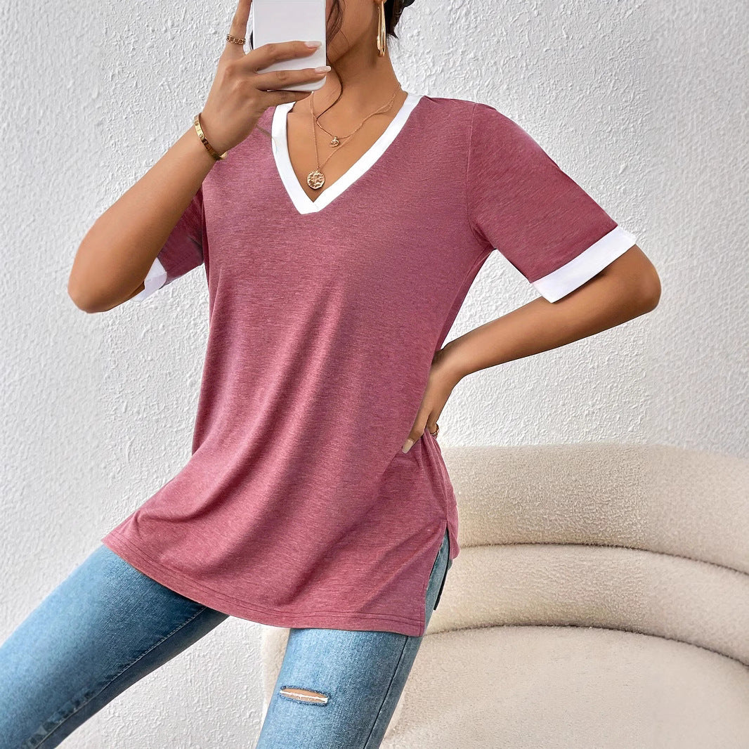 Damen V-Ausschnitt Shirt mit Kontrastärmeln und bequemer Passform Drune