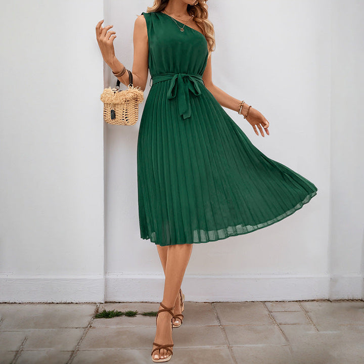 Damen Plissee-Kleid mit Taillengürtel und elegantem V-Ausschnitt W&W Mode