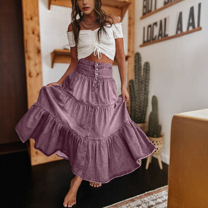 Damen Baumwollrock mit voluminösem Stufen-Design und modischem Knopfdetail Drune