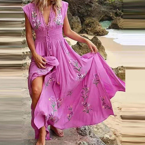 W&W Mode | Bohemian Maxi Kleid Mit V-ausschnitt Und Eleganten Stickereien