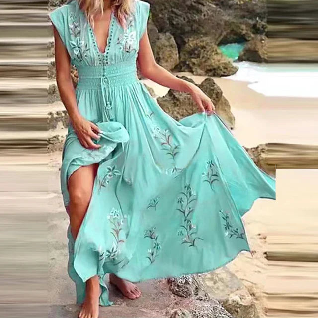 W&W Mode | Bohemian Maxi Kleid Mit V-ausschnitt Und Eleganten Stickereien
