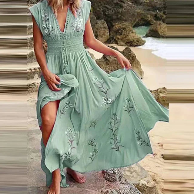 W&W Mode | Bohemian Maxi Kleid Mit V-ausschnitt Und Eleganten Stickereien
