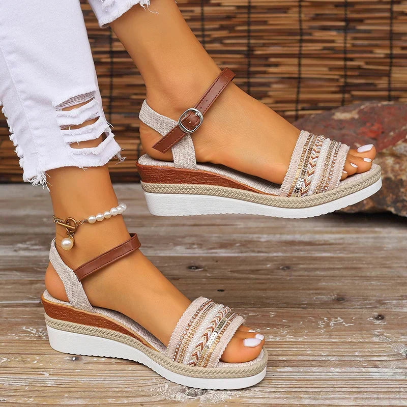 Drune | Geflochtene Keilsandalen Für Damen Im Bohemian Stil Mit Schnallenriemen
