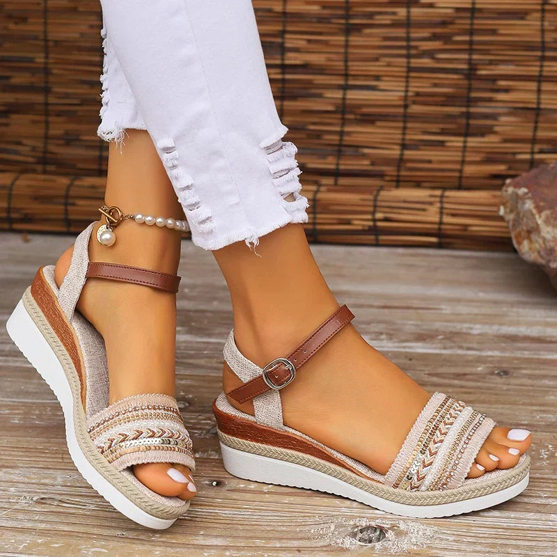 Drune | Geflochtene Keilsandalen Für Damen Im Bohemian Stil Mit Schnallenriemen